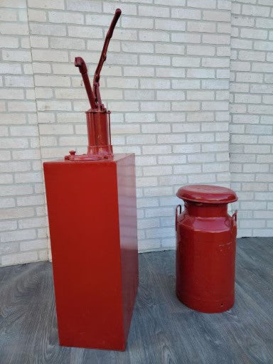 Classic American Vintage "Red" Metal Hand-Crank Oil Lubster and Itasca Creamery 10 Gallon Milk Jug - Set of 2