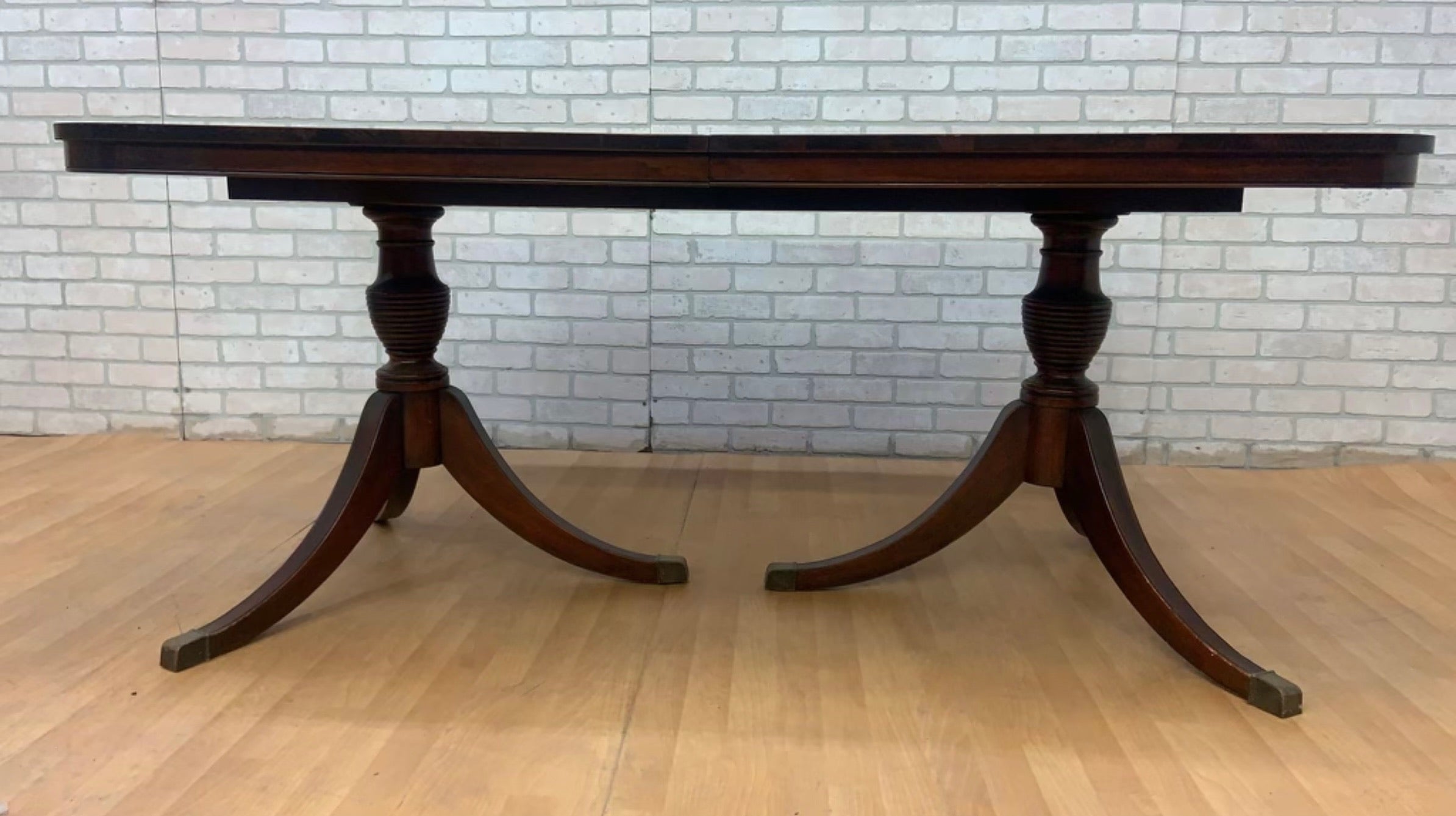 Antique Regency Duncan Phyfe Style Twin Pillar/Pedestal Mahogany Dining Table with 3 Extension Leaves