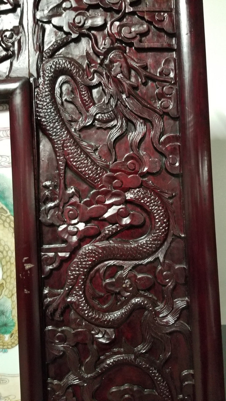 Antique Chinese Porcelain Ornate Carved Rosewood Dragon Motif Frame Screen/Room Divider