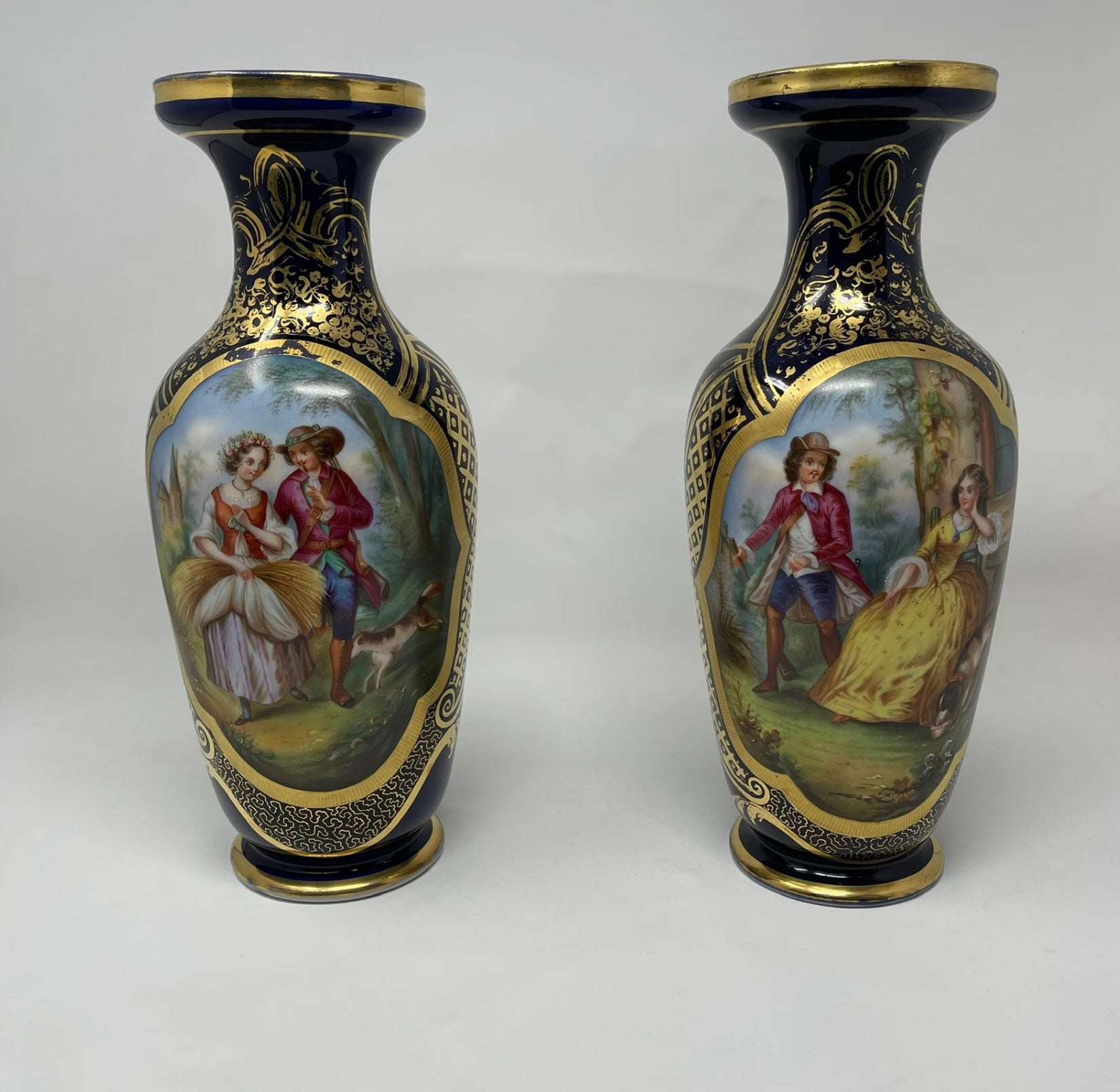 Antique French Old Paris Gilded Porcelain Vases with Hand Painted Courting Scenes - Pair