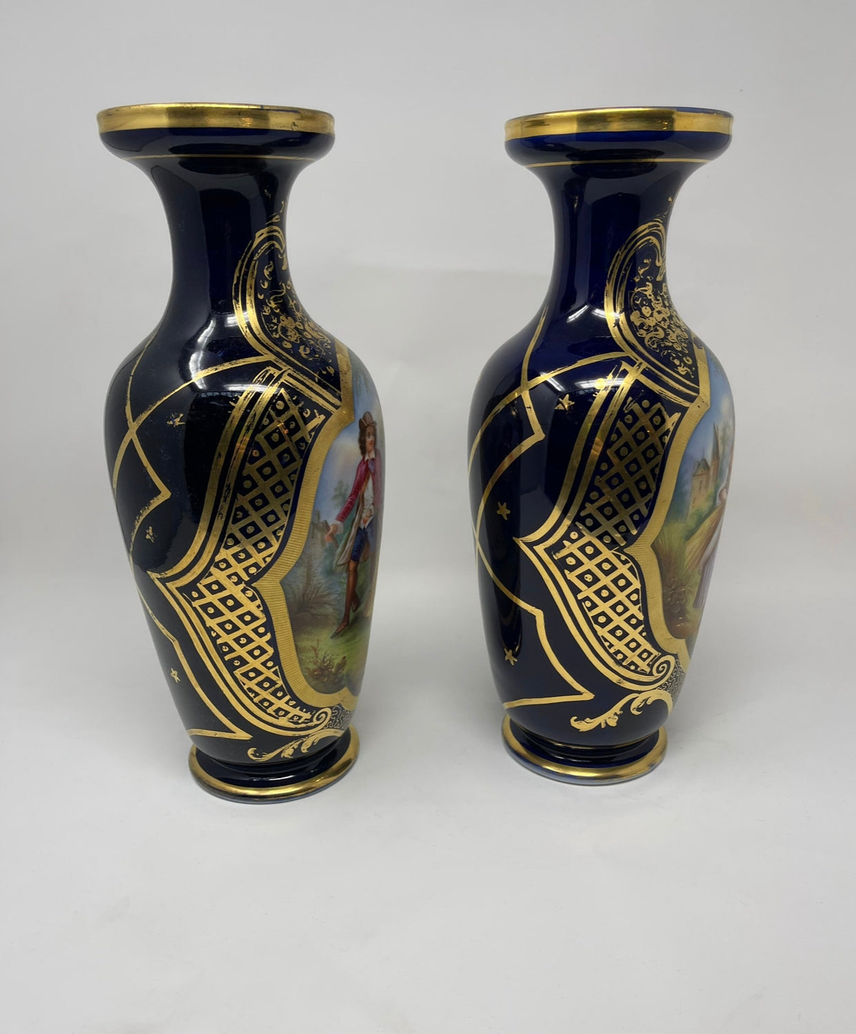 Antique French Old Paris Gilded Porcelain Vases with Hand Painted Courting Scenes - Pair