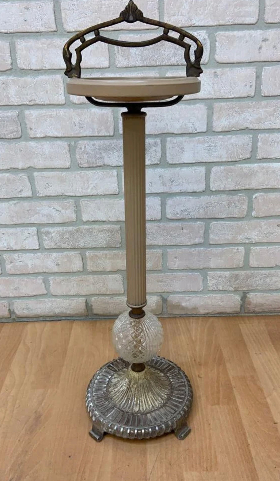 Art Deco Cast Iron and Crystal Cigar Ashtray Floor Stand with Forged Iron Handle