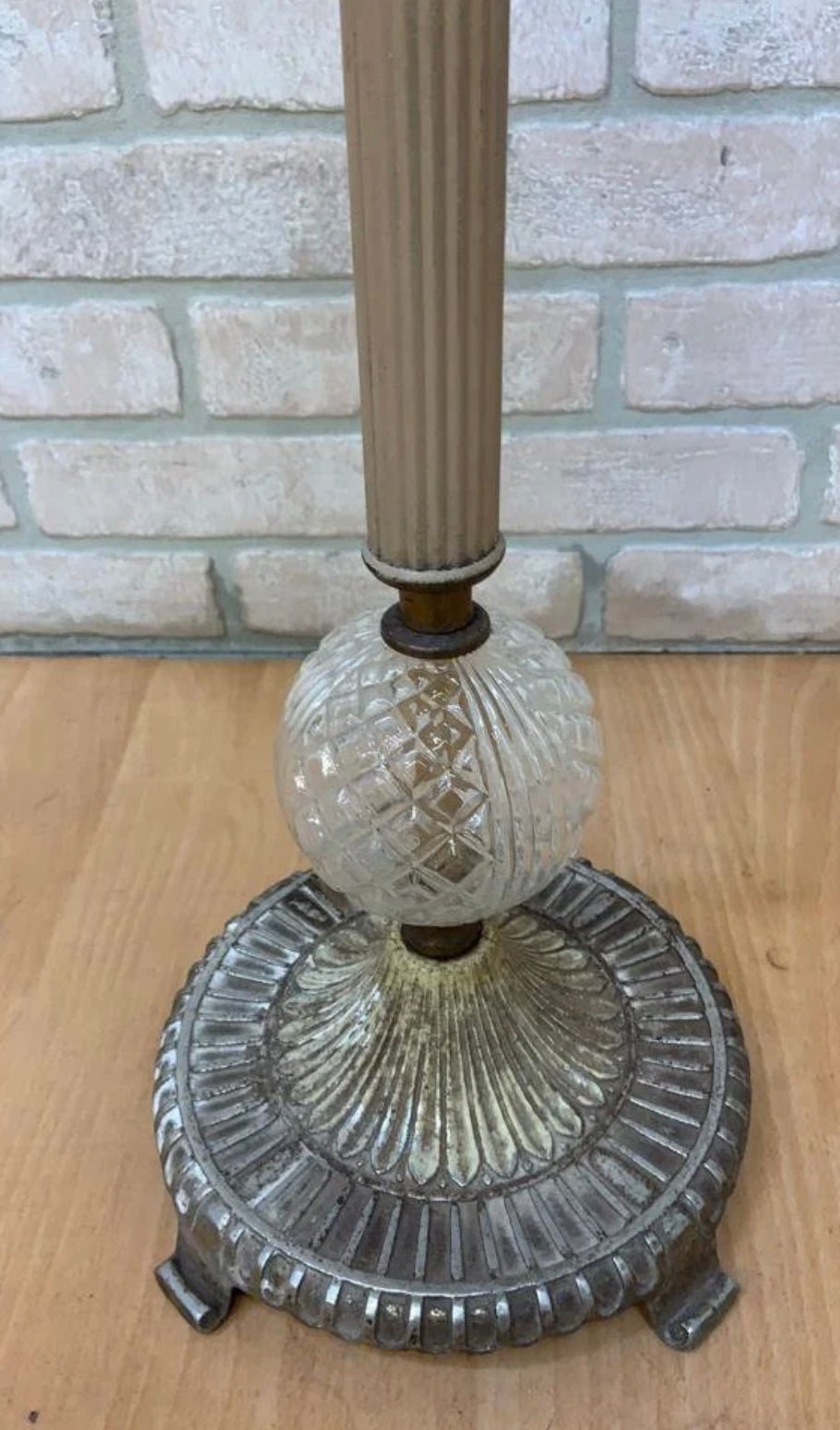 Art Deco Cast Iron and Crystal Cigar Ashtray Floor Stand with Forged Iron Handle