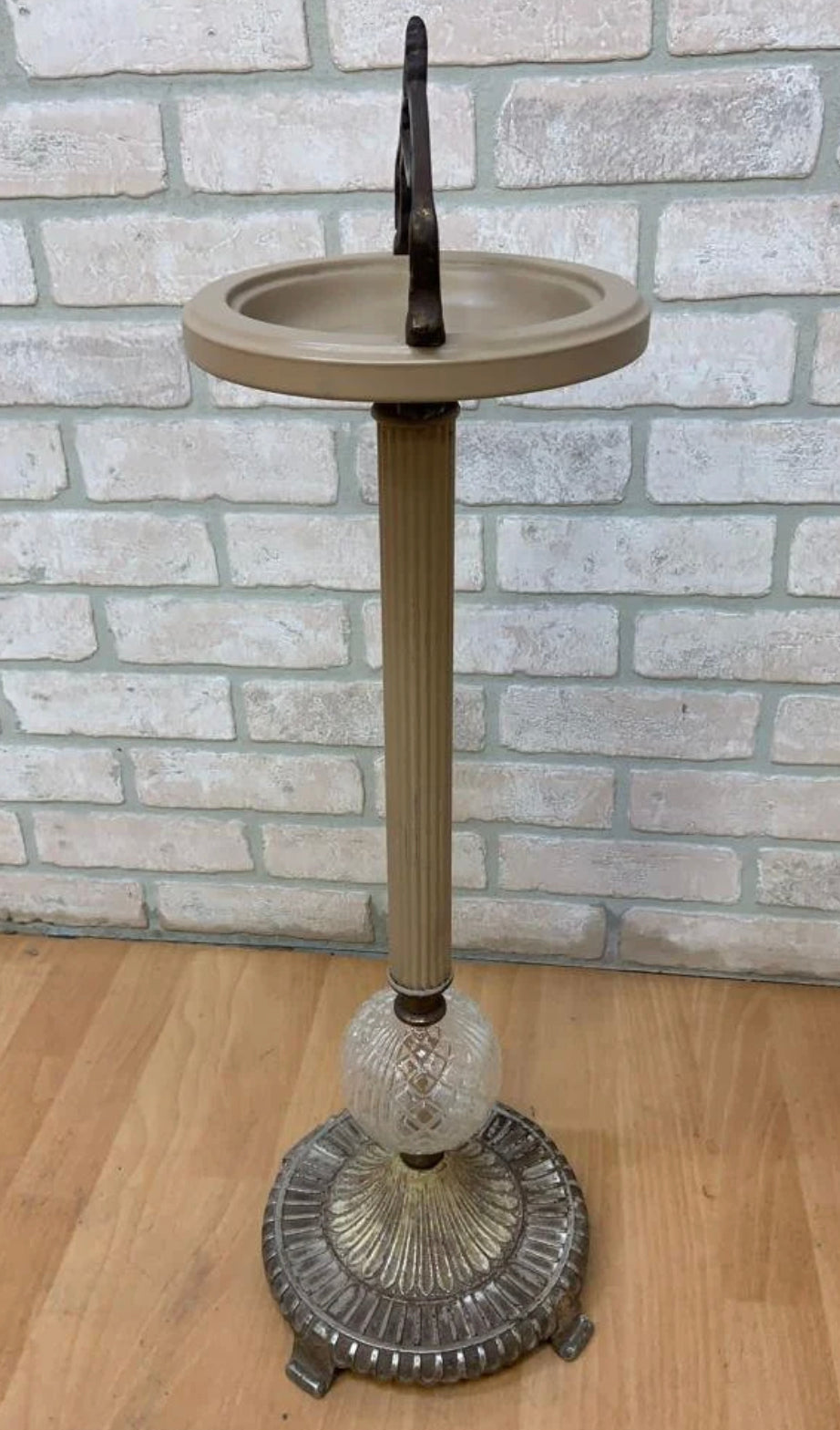 Art Deco Cast Iron and Crystal Cigar Ashtray Floor Stand with Forged Iron Handle