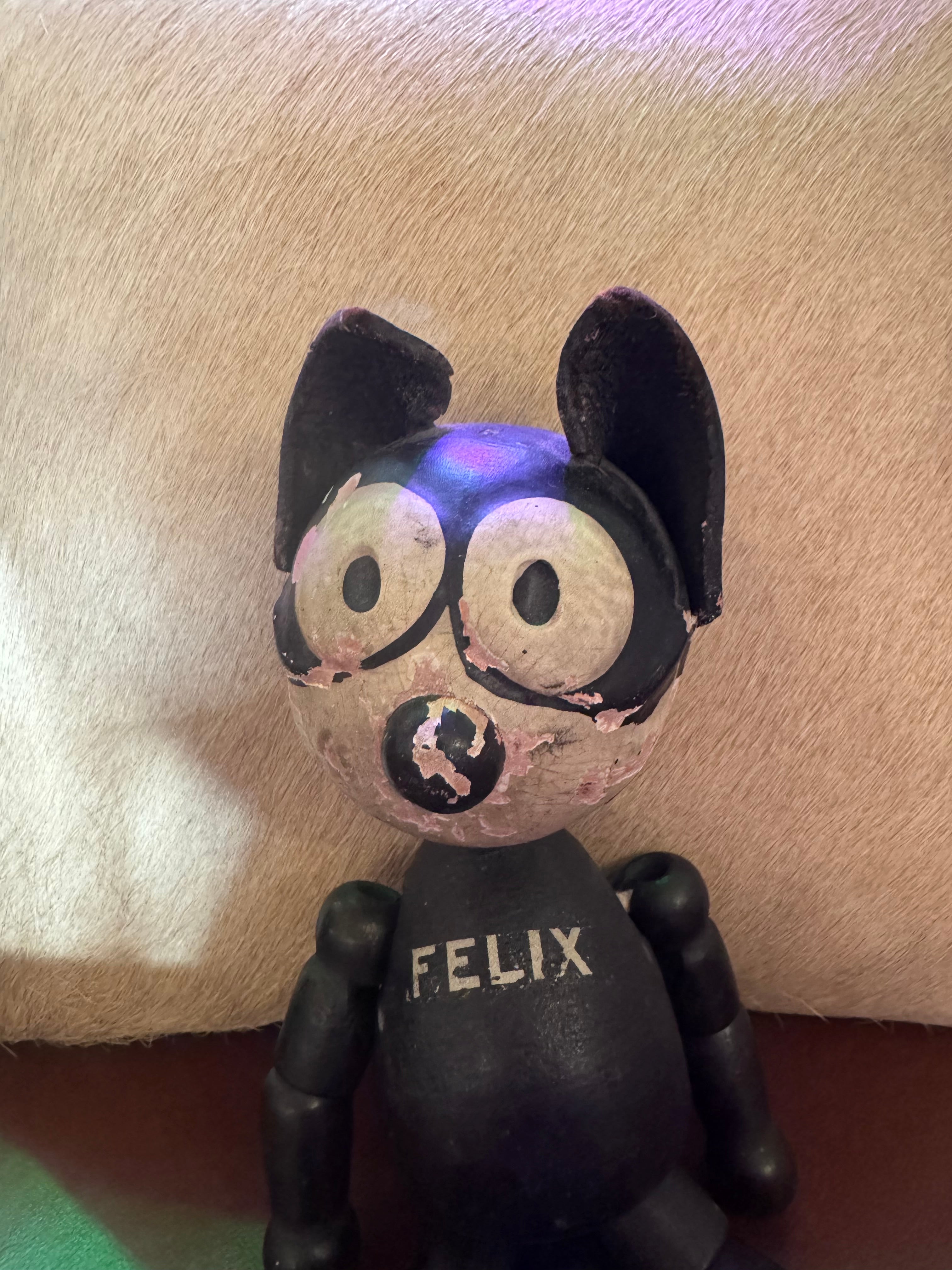 Antique Felix The Cat Wooden and Leather Toy
