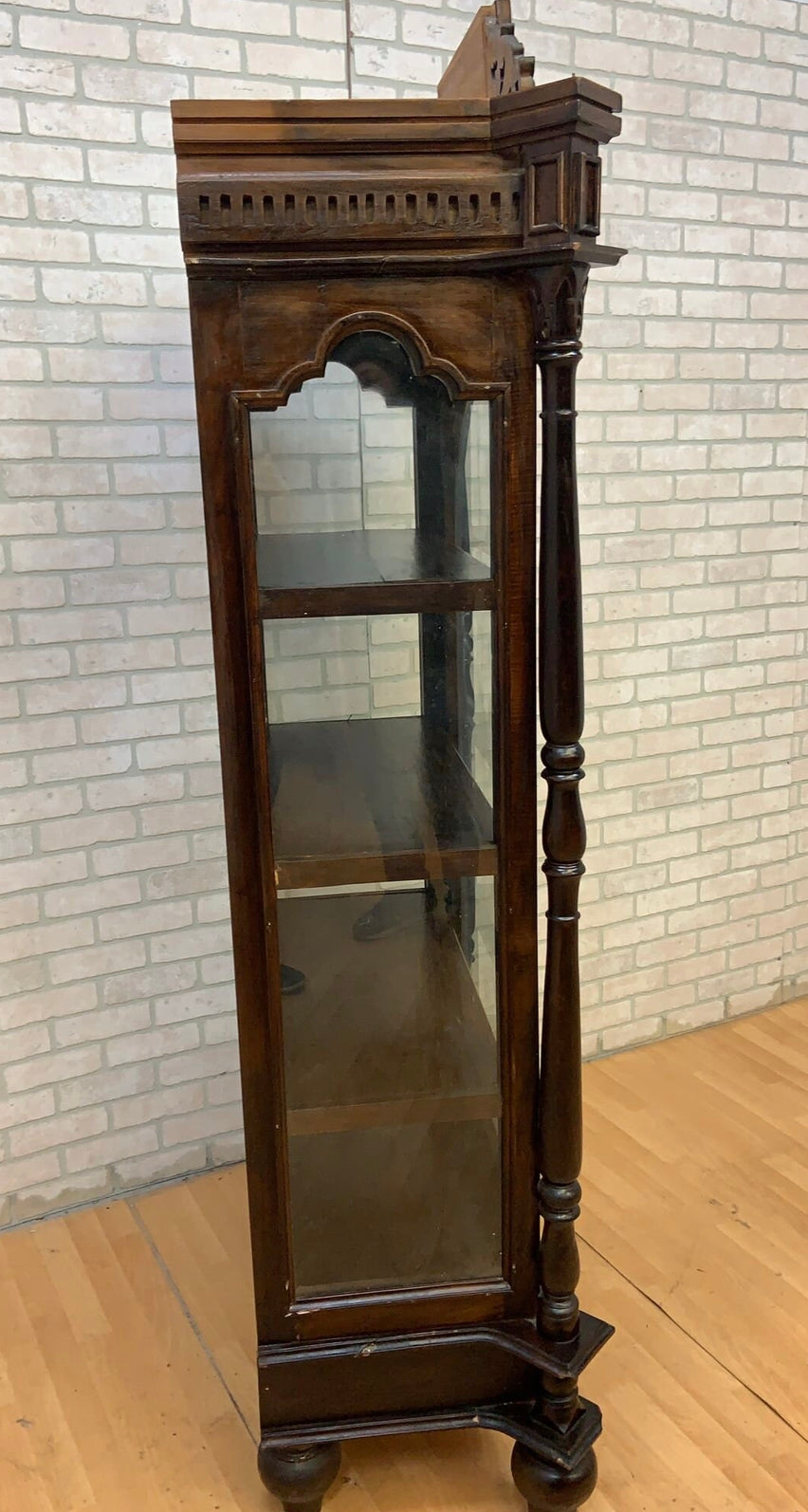 Antique French Carved Oak Glass Front Vitrine Display Cabinet