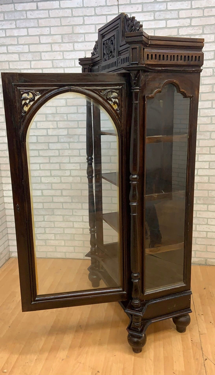Antique French Carved Oak Glass Front Vitrine Display Cabinet