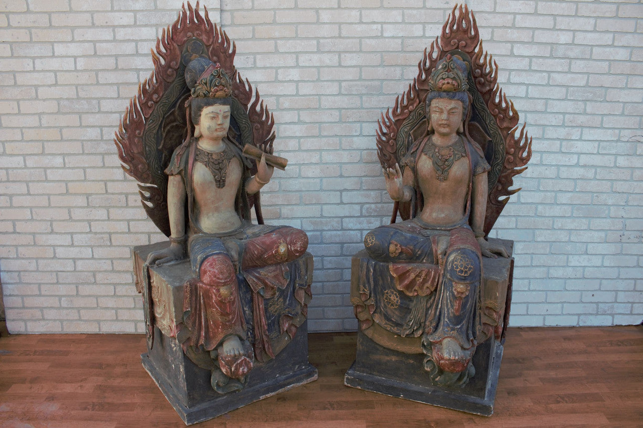 Antique Chinese Qing Dynasty Carved A-Symmetrical Quan-Yin Sitting with Magnificent Flaming Mandorla Statues - Set of 2