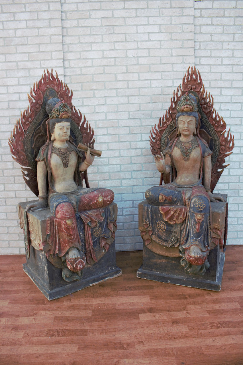 Antique Chinese Qing Dynasty Carved A-Symmetrical Quan-Yin Sitting with Magnificent Flaming Mandorla Statues - Set of 2