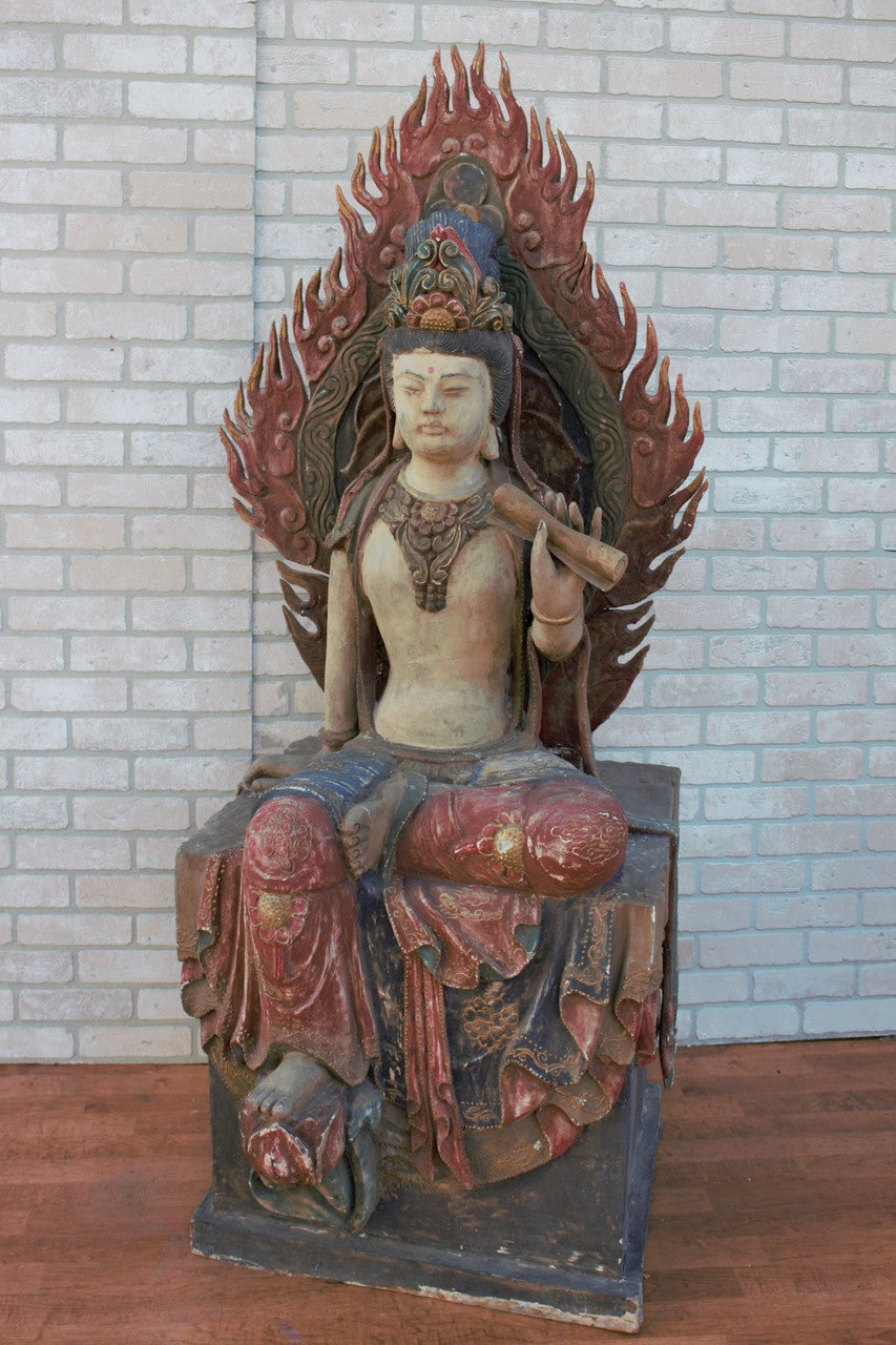 Antique Chinese Qing Dynasty Carved A-Symmetrical Quan-Yin Sitting with Magnificent Flaming Mandorla Statues - Set of 2