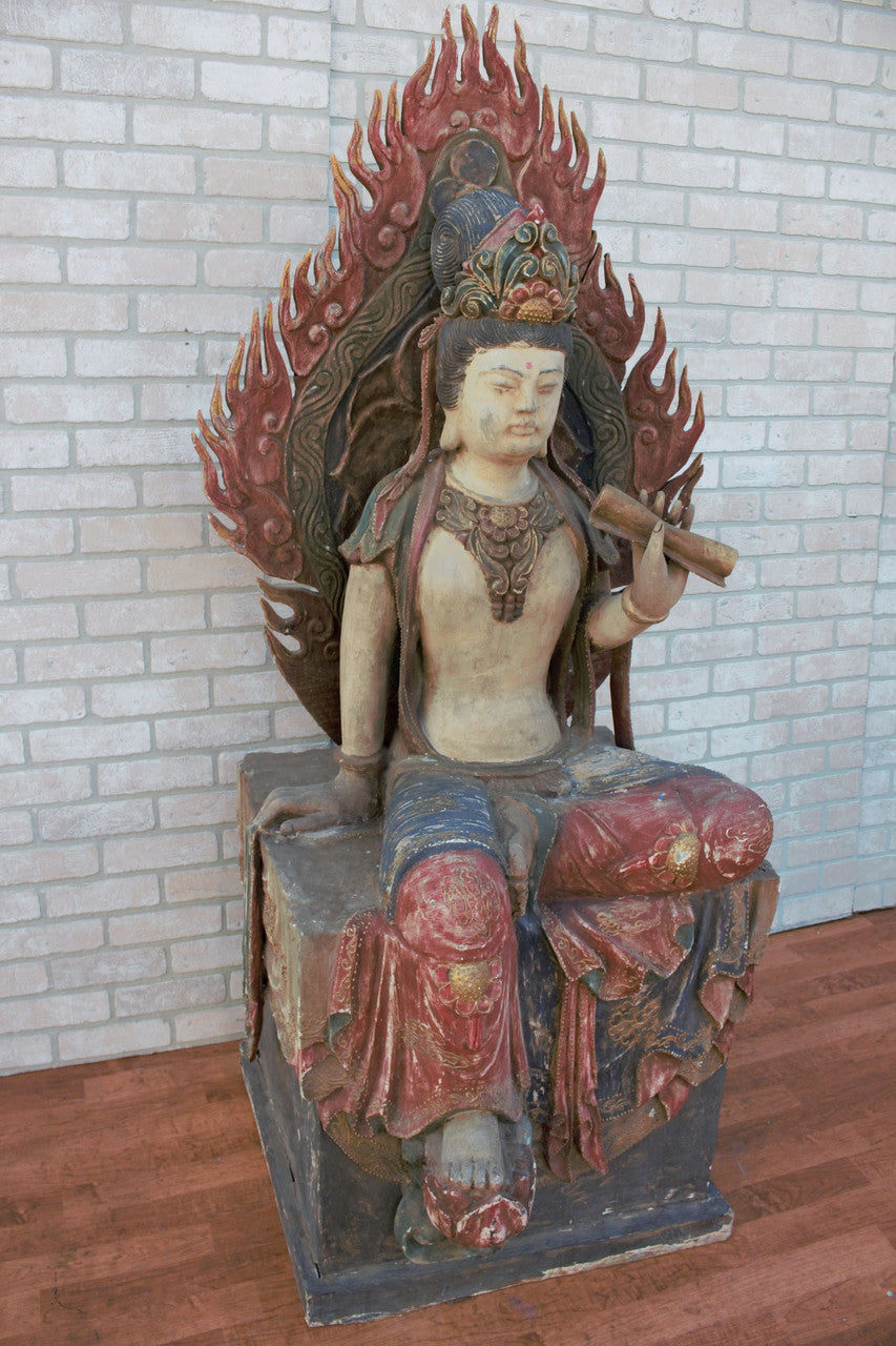Antique Chinese Qing Dynasty Carved A-Symmetrical Quan-Yin Sitting with Magnificent Flaming Mandorla Statues - Set of 2