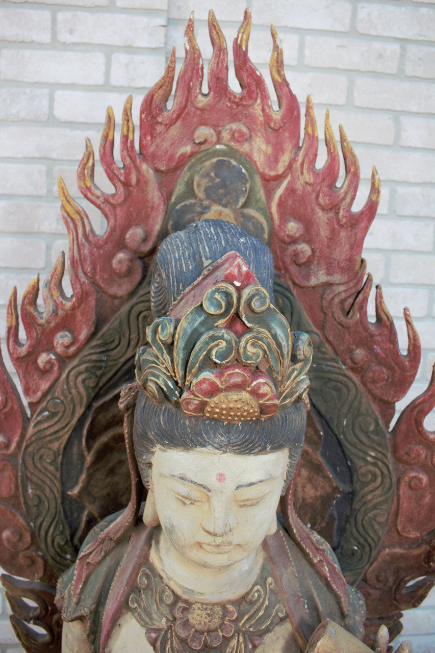 Antique Chinese Qing Dynasty Carved A-Symmetrical Quan-Yin Sitting with Magnificent Flaming Mandorla Statues - Set of 2