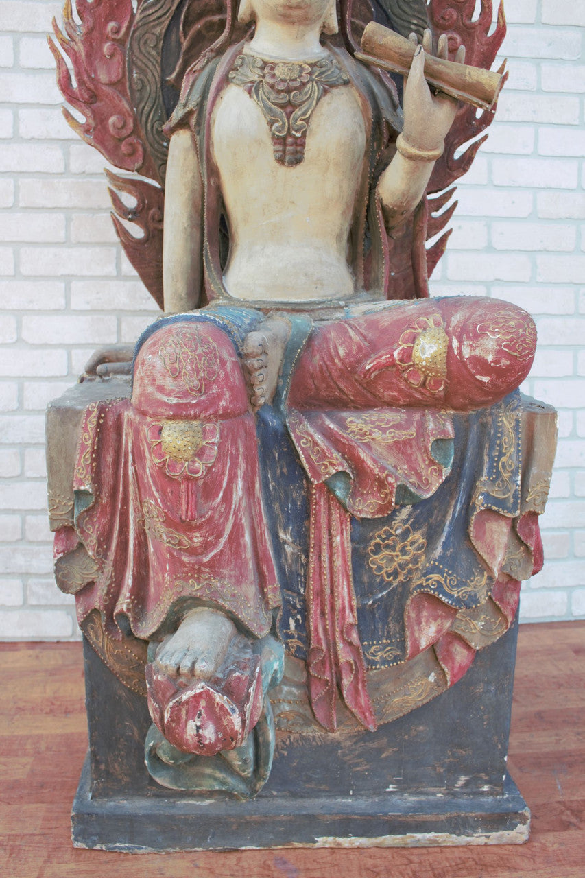 Antique Chinese Qing Dynasty Carved A-Symmetrical Quan-Yin Sitting with Magnificent Flaming Mandorla Statues - Set of 2