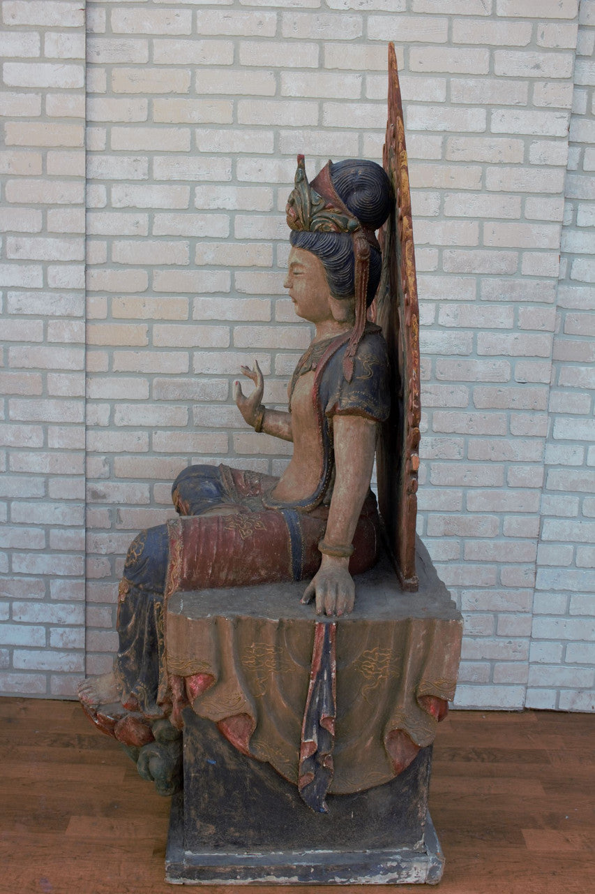 Antique Chinese Qing Dynasty Carved A-Symmetrical Quan-Yin Sitting with Magnificent Flaming Mandorla Statues - Set of 2