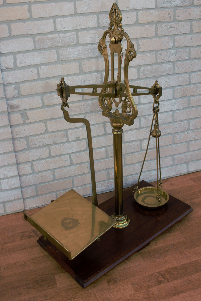 Antique English Victorian Solid Brass W&T Avery of Birmingham Wood Mounted Weighing Scale