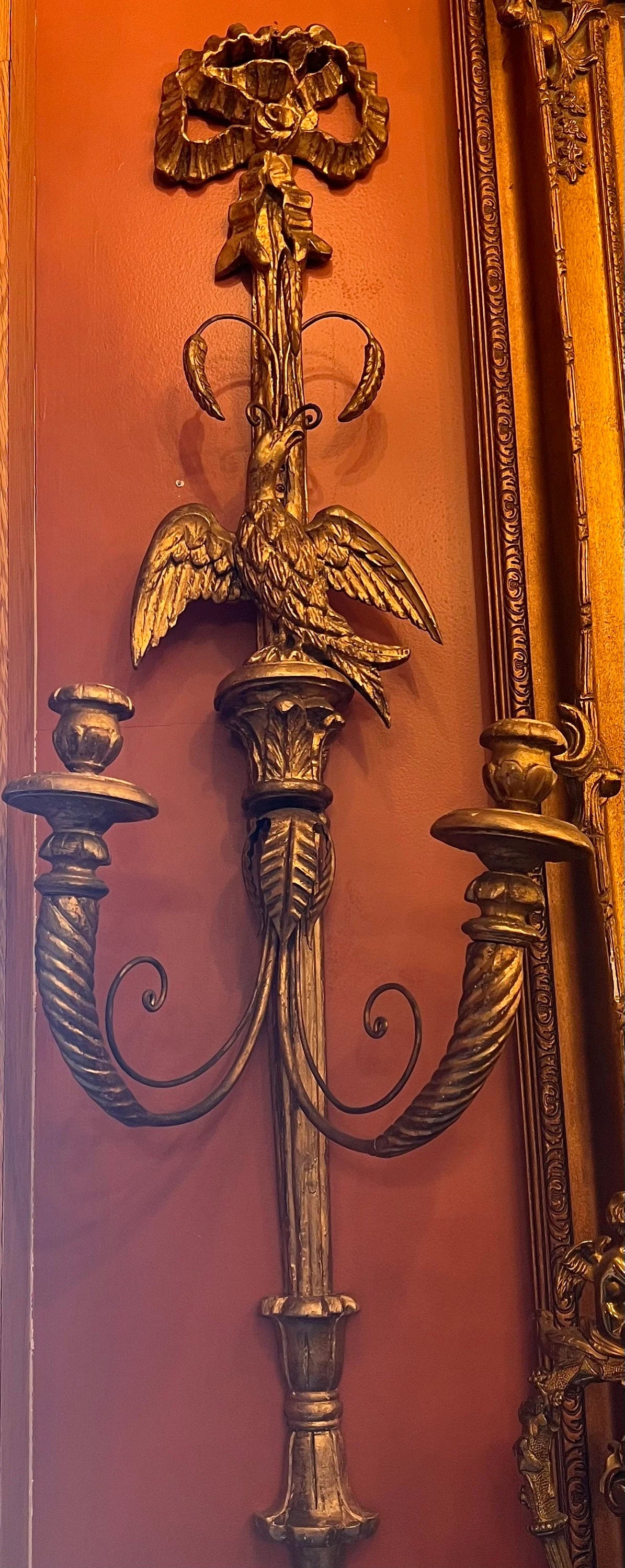 Antique Federalist Eagle Carved Gold Gilded Two Arm Candle Wall Sconce - Pair