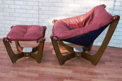 Mid Century Modern Odd Knutsen Luna Lounge Chair and Ottoman in Original Burgundy Leather - 2 Piece Set