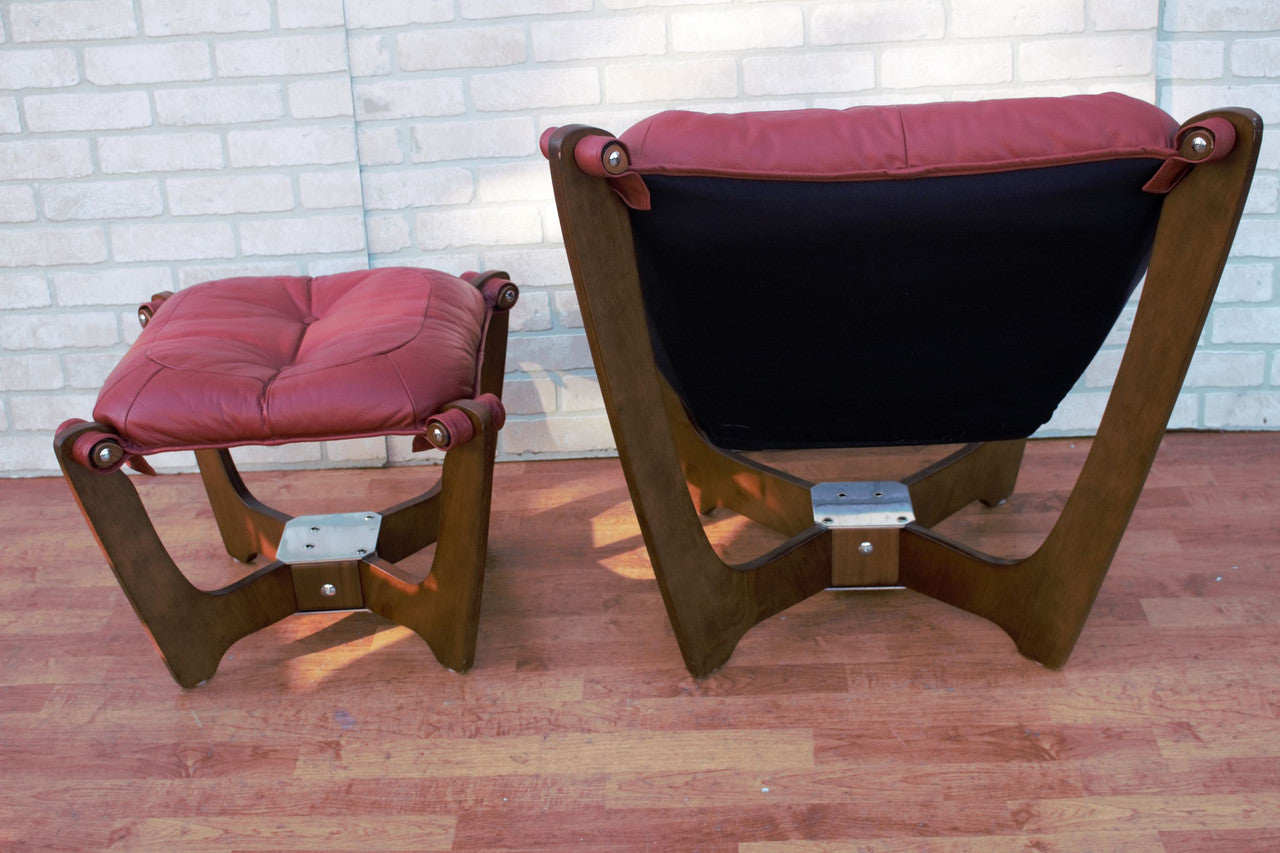 Mid Century Modern Odd Knutsen Luna Lounge Chair and Ottoman in Original Burgundy Leather - 2 Piece Set
