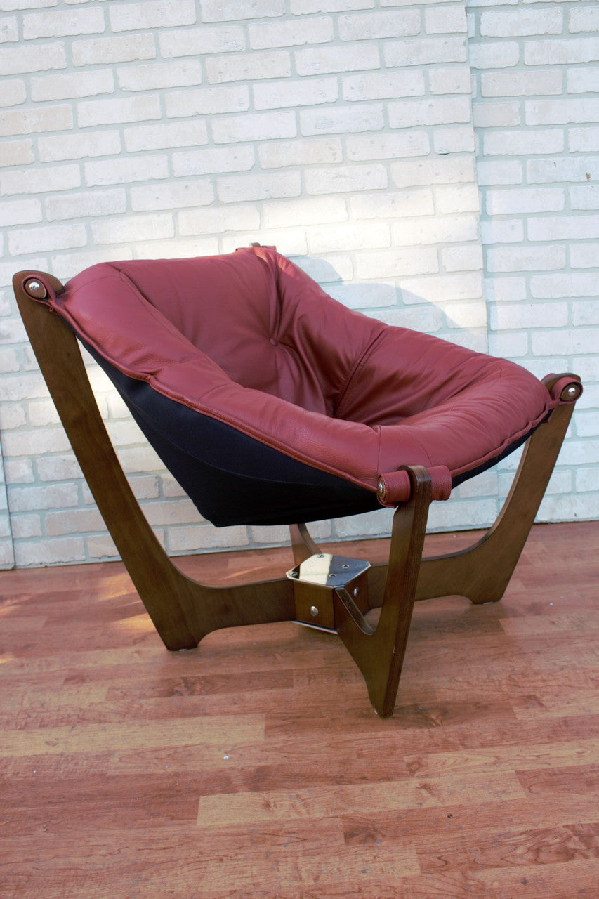 Mid Century Modern Odd Knutsen Luna Lounge Chair and Ottoman in Original Burgundy Leather - 2 Piece Set