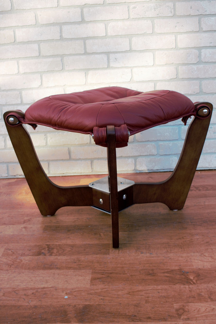 Mid Century Modern Odd Knutsen Luna Lounge Chair and Ottoman in Original Burgundy Leather - 2 Piece Set