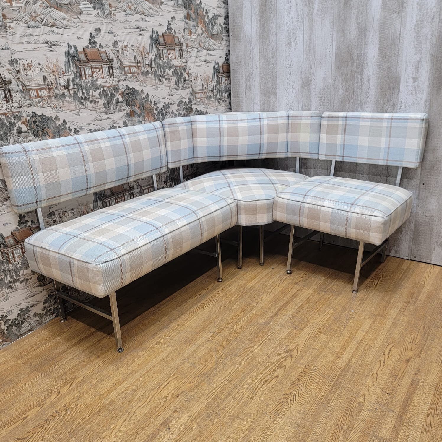 Vintage Modern Corner Dining Banquette in Plaid Fabric