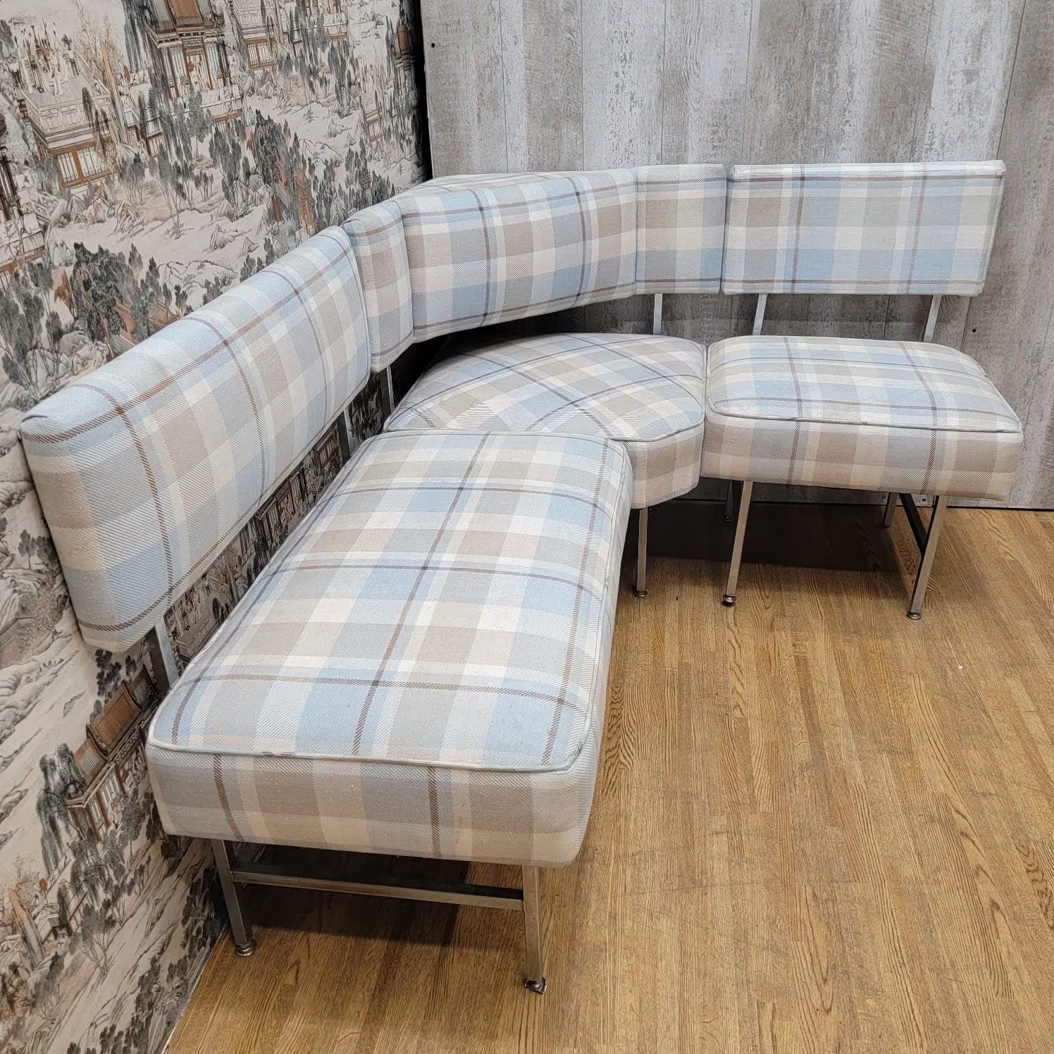Vintage Modern Corner Dining Banquette in Plaid Fabric