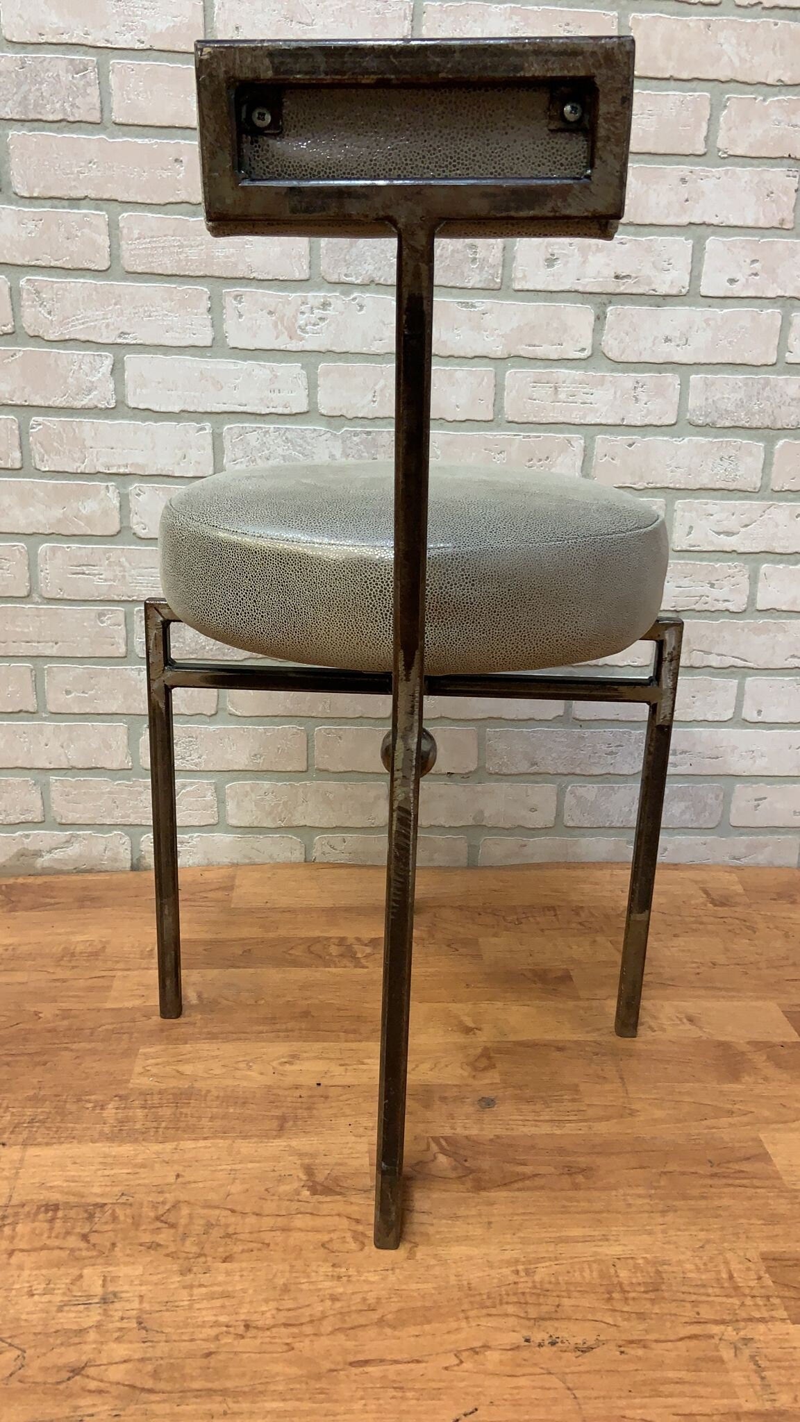 Vintage Modernist Hand Forged Iron Accent Chair Newly Upholstered in Holly Hunt Dewpoint Leather