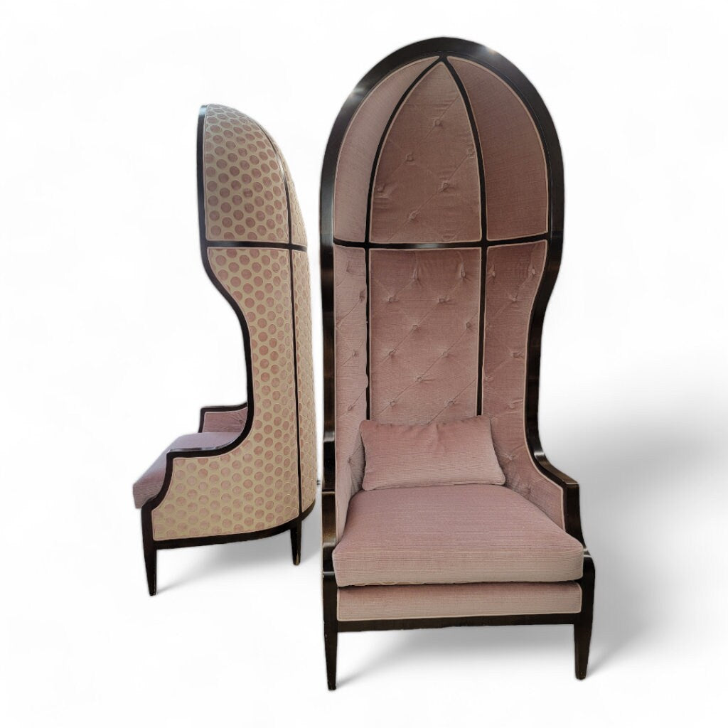 Vintage Parisian 7 Feet Tall Mahogany Canopy Parlor Chairs Newly Reupholstered - Pair