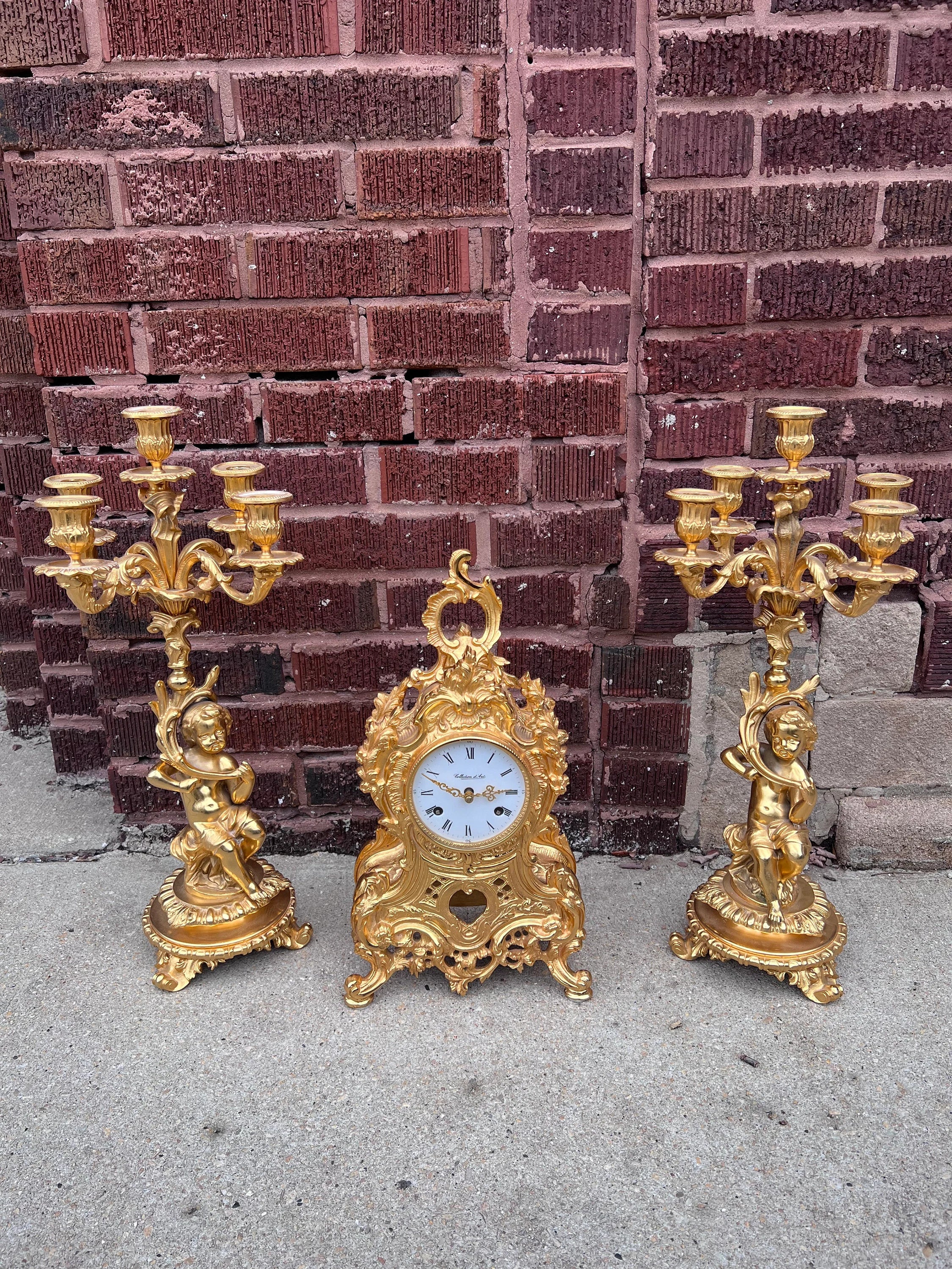 Vintage Italian Roman Style Ornate Mantel Clock with Two Figural Cherub Candelabras - Garniture Set