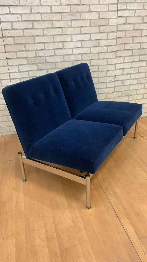 Mid Century Modern Steelcase 3 Seat & 2 Seat Sofa Set Newly Upholstered in “Cobalt Blue” Mohair - Set of 2