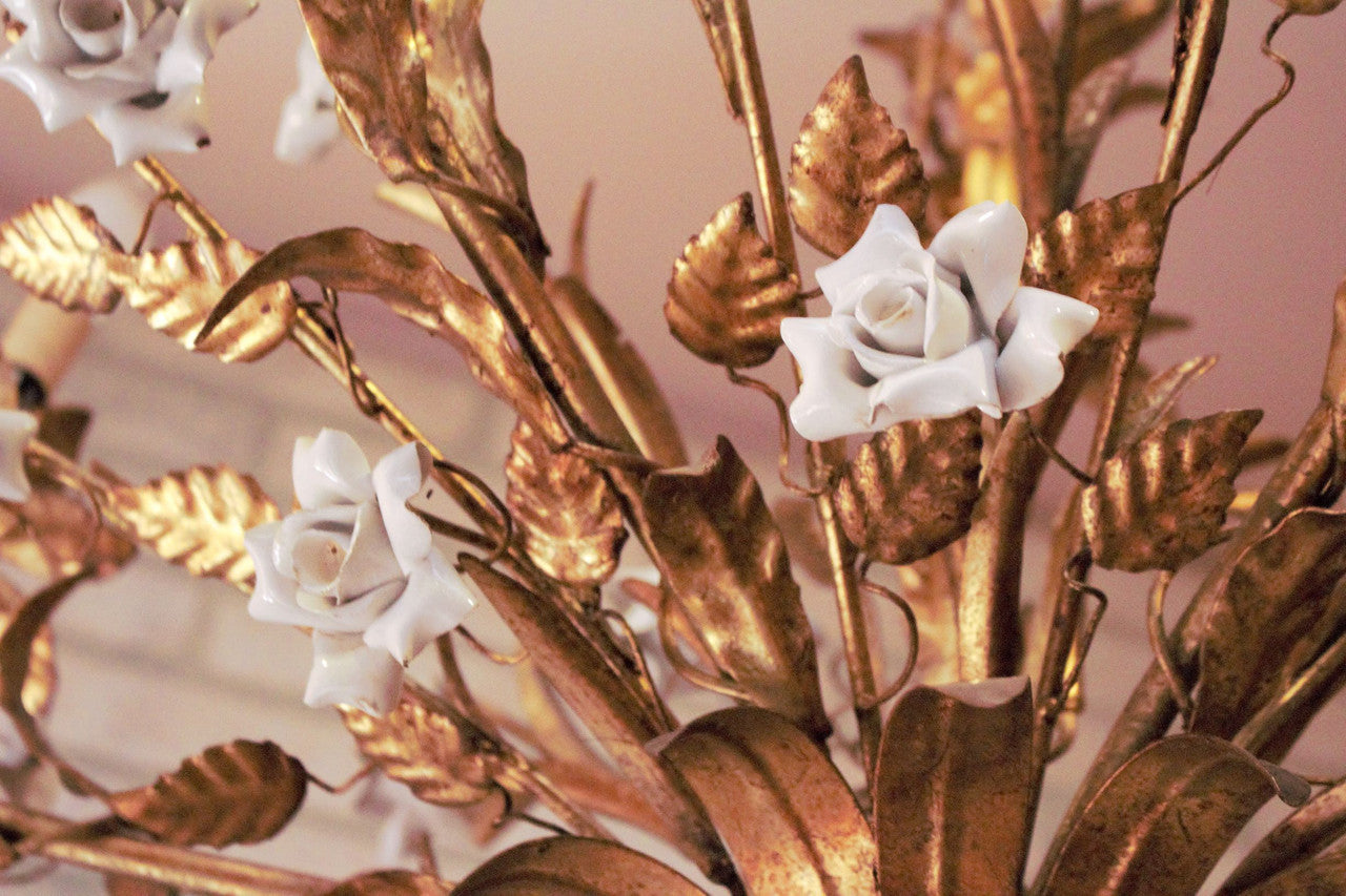 Hollywood Regency Italian Gold Gilt Tole White Porcelain Roses Chandelier