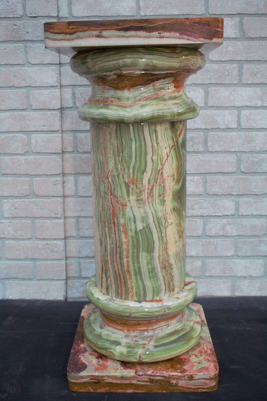 Italian Style Green Onyx Classical Column Pedestal Stand Side Tables - Pair