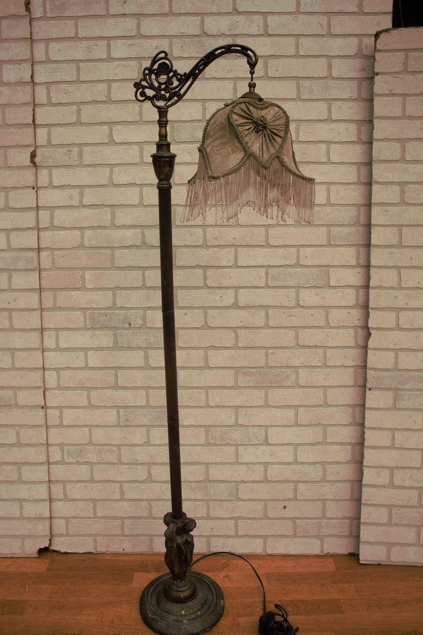 Antique Victorian Ornate Figural Floor Lamp with Fabric Shade