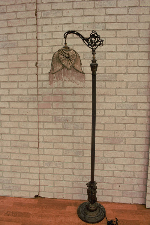 Antique Victorian Ornate Figural Floor Lamp with Fabric Shade