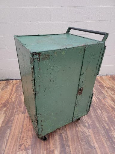 Vintage Industrial Green Metal 2 Door Steel Mobile Storage Cart on Casters