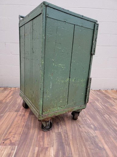 Vintage Industrial Green Metal 2 Door Steel Mobile Storage Cart on Casters