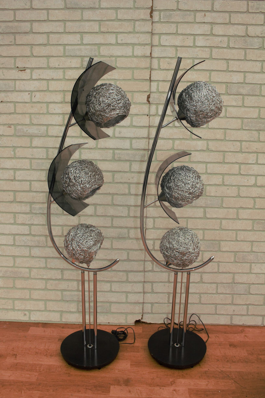 Mid Century Modern Tall Metal Silver Spaghetti Shades Table Lamps - Pair