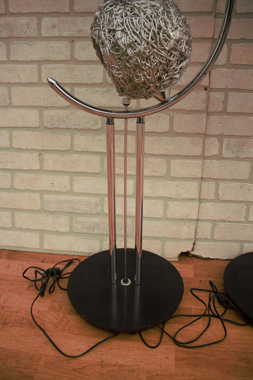 Mid Century Modern Tall Metal Silver Spaghetti Shades Table Lamps - Pair