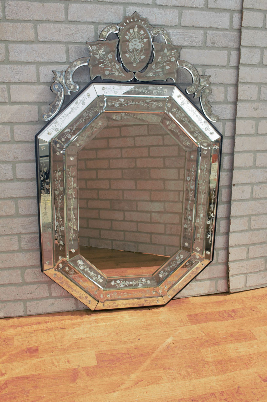 Hollywood Regency Ornate Venetian Glass Etched Wall Mirror