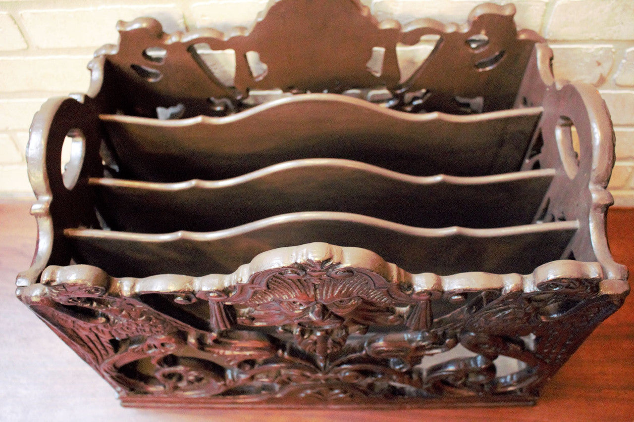 Antique North Wind Canterbury Carved Ornate Magazine Rack