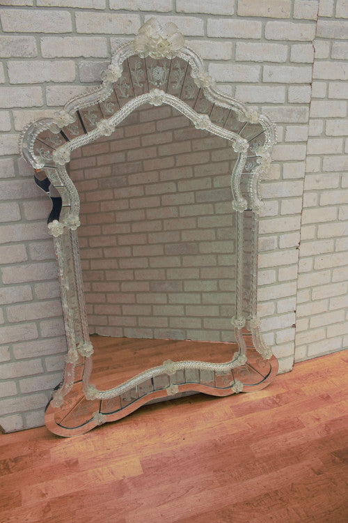 Hollywood Regency Ornate Venetian Glass Etched Wall Mirror with Flowers