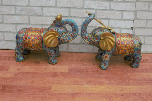 Antique Tibetan Buddhism Feng Shui Bronze Hand Painted Cloisonne Elephant Sculpture - Pair