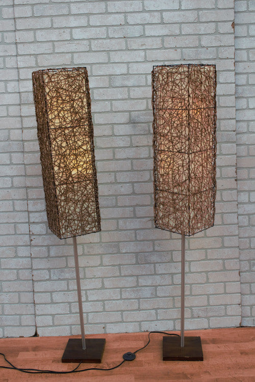 Mid Century Modern Italian Fabric and Rattan Floor Lamps  - Pair