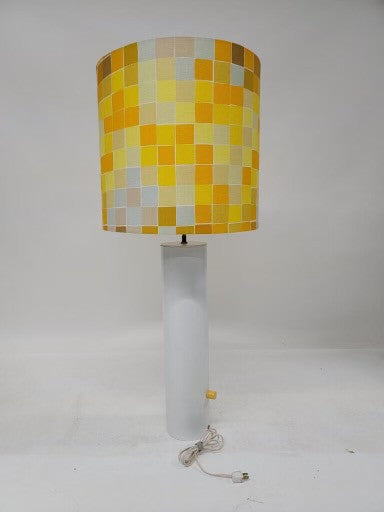 Mid Century Modern Italian White Cylinder Retro Table Lamp with Cube Patterned Shade