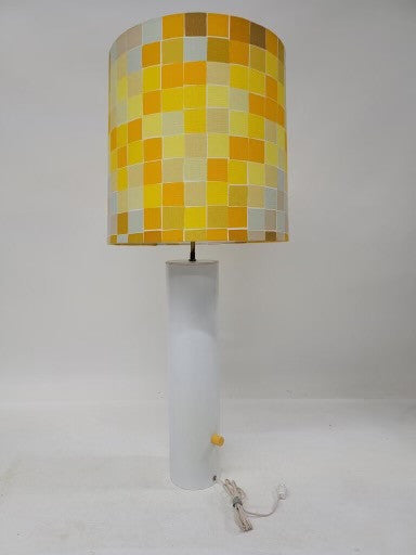 Mid Century Modern Italian White Cylinder Retro Table Lamp with Cube Patterned Shade