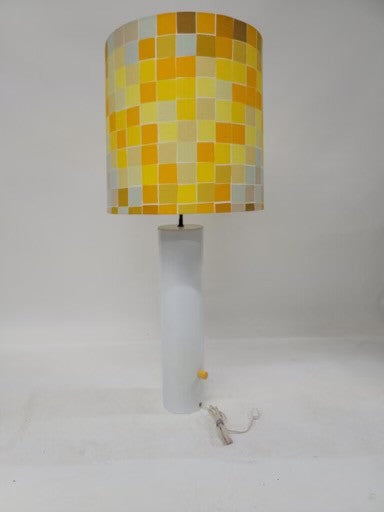 Mid Century Modern Italian Tall White Metal Cylinder Retro Table Lamp with Multi Color Cube Patterned Shade