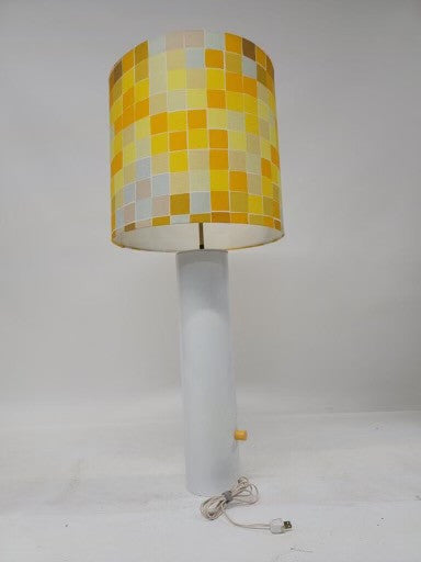 Mid Century Modern Italian Tall White Metal Cylinder Retro Table Lamp with Multi Color Cube Patterned Shade