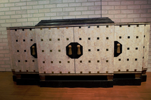 Vintage Maitland Smith Style Custom Tesselated Marble and Brass Trim 4 Door Sideboard