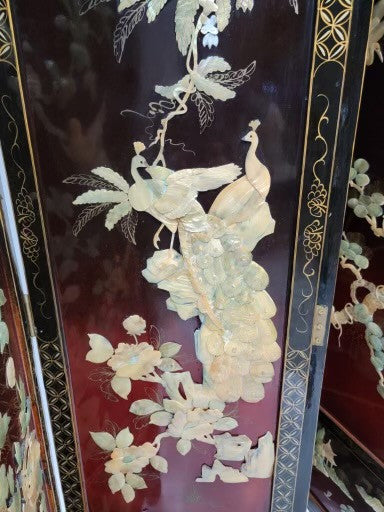 Vintage Chinese Export Mother of Pearl Coromandel Lacquered Hand Painted Screen Room Divider