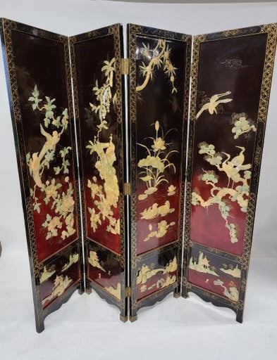 Vintage Chinese Export Mother of Pearl Coromandel Lacquered Hand Painted Screen Room Divider